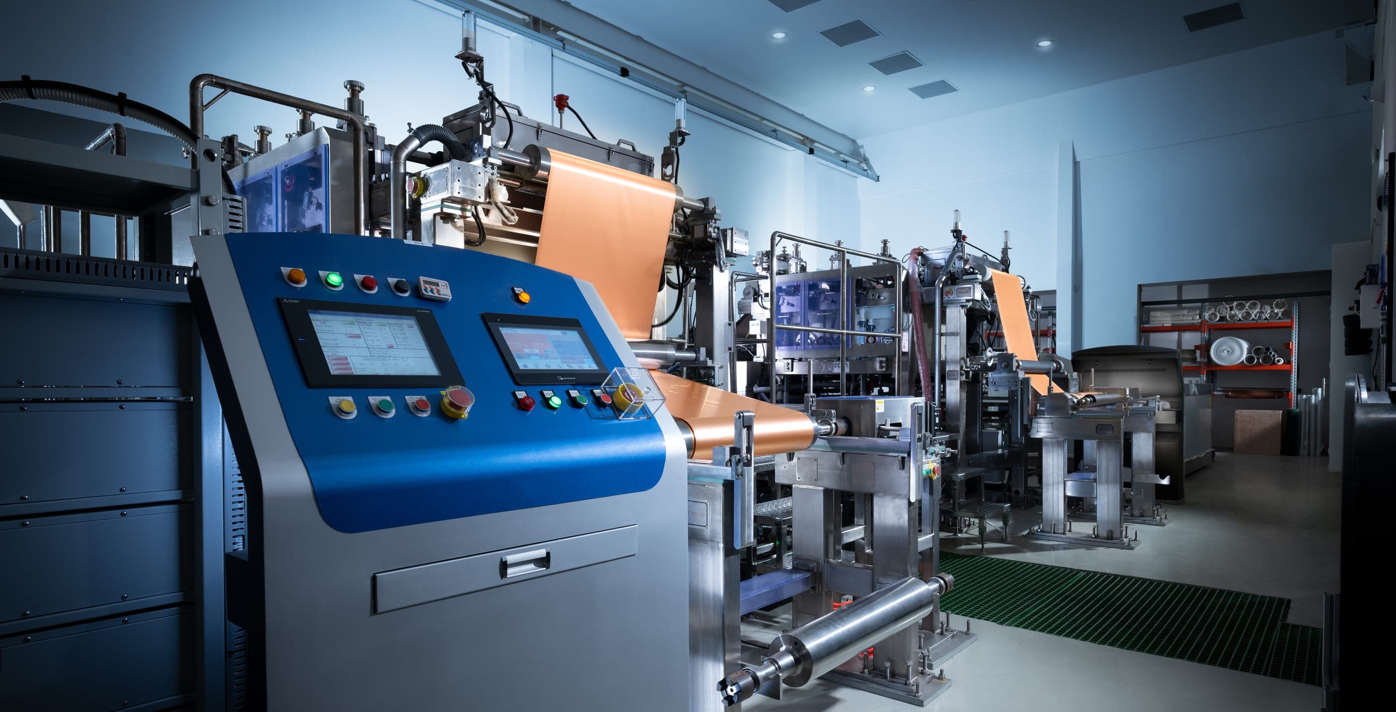 Roll-to-roll production line running copper web